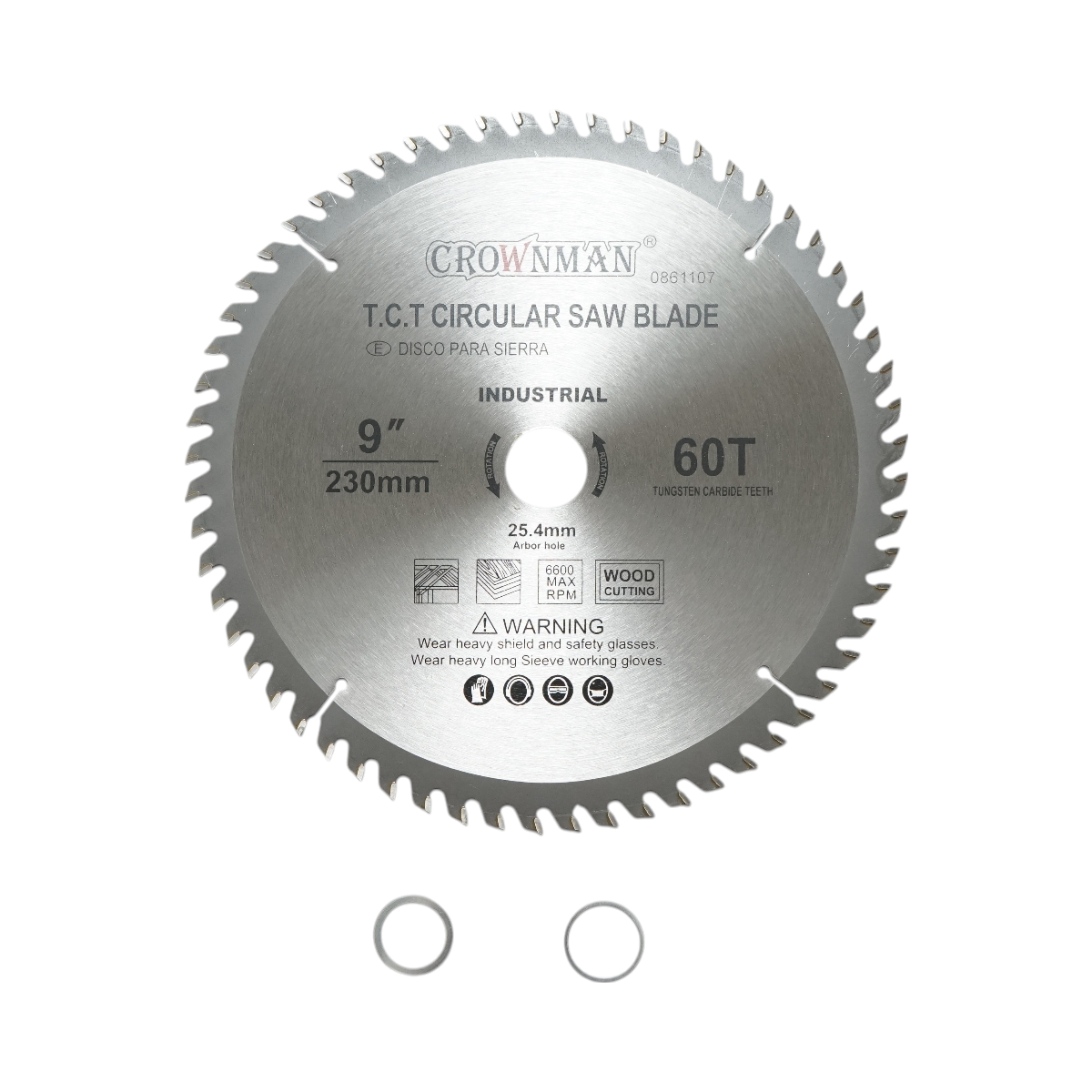 Crownman 230x25.4mm circular saw blade for wood, max speed 6600rpm, 60 teeth, industrial